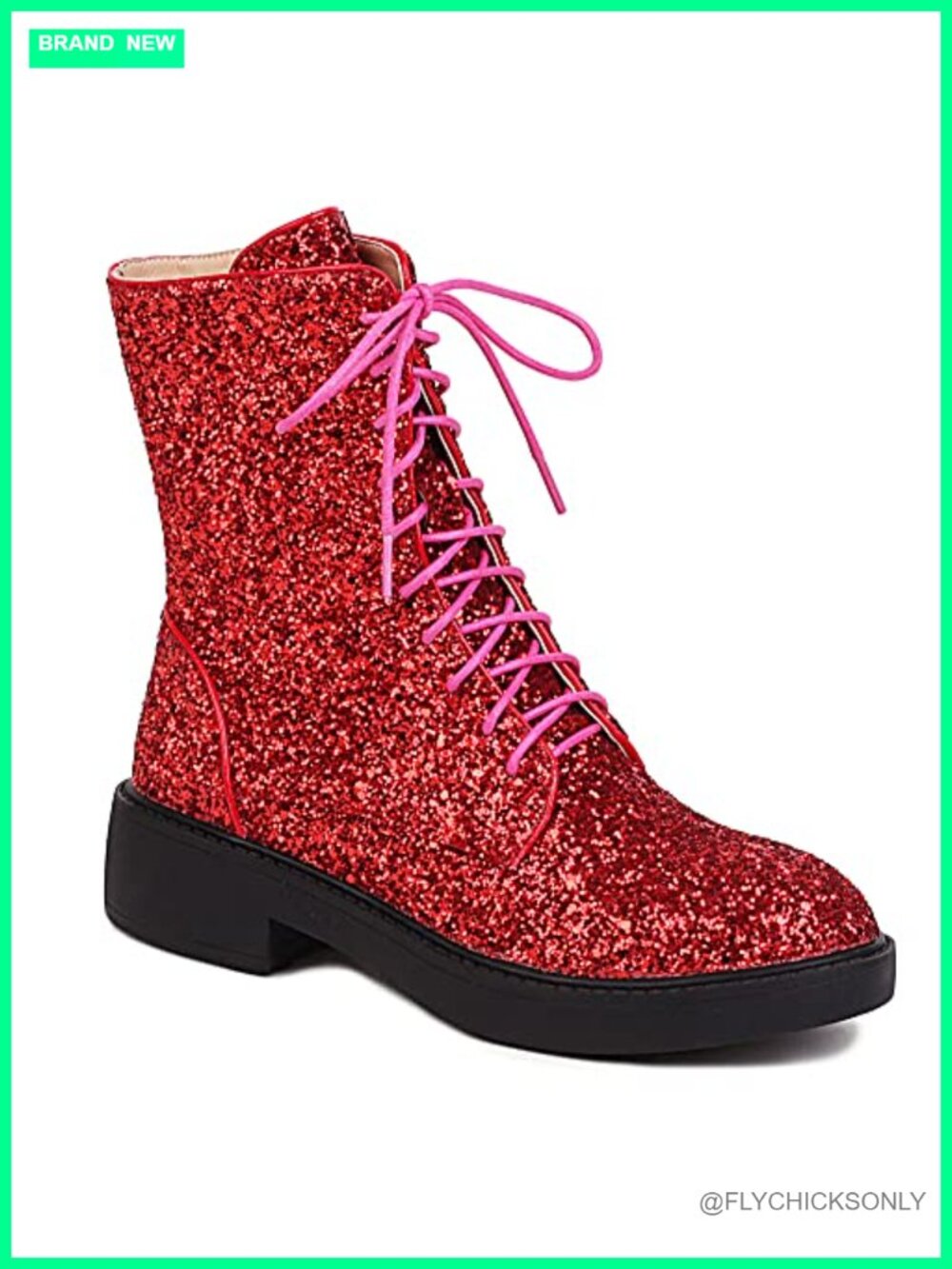Women's Lace Up Glitter Sequin Combat Boots Chunky Low Heel Ankle Booties